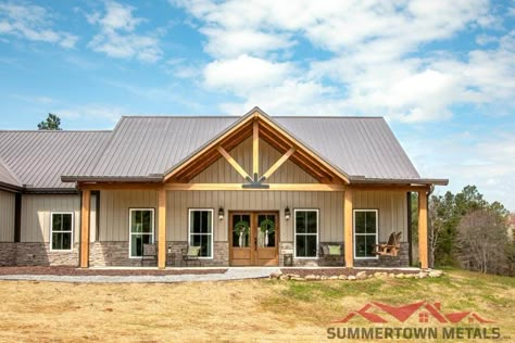 Colors Of Barndominiums, Tan Barndominium, Barndo Metal Exterior Colors, Cream Barndominium Exterior, Metal Siding Colors For Houses, Barndo Color Schemes, Barndo Exterior Color Schemes, Tan Barndominium Exterior, Exterior Barndominium Colors