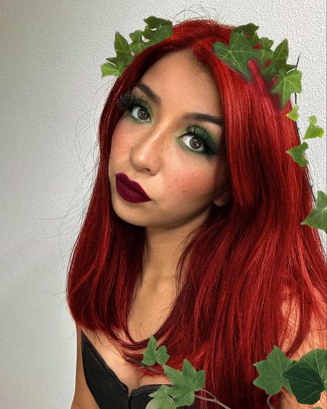 Yvette’s Life | Lifestyle & Outfit Inspo on Instagram: "Another day another Halloween costume idea🕷️ You know I had to do Poison Ivy with my red hair 🌿 • #poisonivycosplay #poisonivycostume #batmancostume #easycostume #easycostumeideas #lastminutecostume #redhaircolor #greeneyeshadow #greenmakeup" Cherry Red Hair Halloween Costumes, Poison Ivy Red Hair, Dyed Red Hair Halloween Costumes, Halloween Red Hair Costume, Red Haired Halloween Costumes, Halloween Costume Ideas Red Hair, Dark Red Hair Halloween Costumes, Halloween Costumes For Red Hair, Halloween Costumes With Red Hair