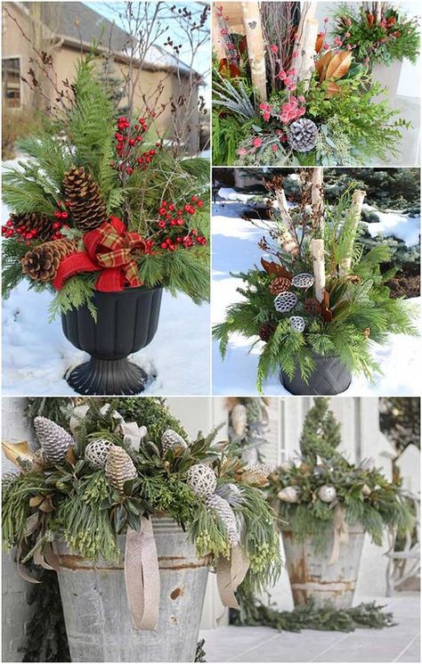 Xmas Pots Front Porches, Porch Urn Planters, Winter Plants Outdoor Front Porches, Christmas Pot Decor, Large Winter Planters, Outdoor Christmas Baskets, Outdoor Urns For Christmas, Front Porch Large Planter Ideas, Winter Flower Pots Front Porches