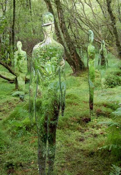 'Invisible' statues in Scottish forests made from acrylic plexiglass, by Rob… Welded Art, Rob Mulholland, Reflective Sculpture, Swamp Creature, Environmental Artist, Scottish Artists, Glass Sculptures, Story Board, Weird Stuff