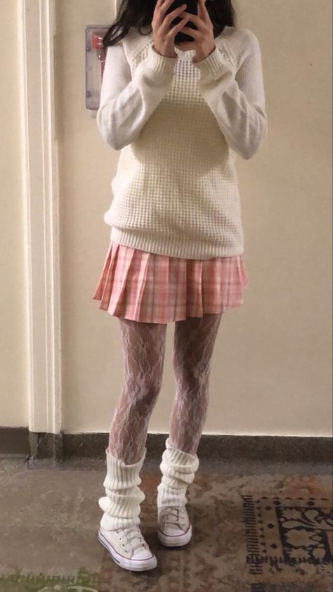 Pink Plaid Skirt Outfit Aesthetic, Pink Lace Tights, Plaided Skirt Outfit Ideas, Plaid Pink Skirt Outfit, Winter Pink Skirt Outfit, Pink Legwarmers Outfit, Pink Leg Warmers Outfit, Leg Warmers Outfit Coquette, Pink Skirt Outfit Winter