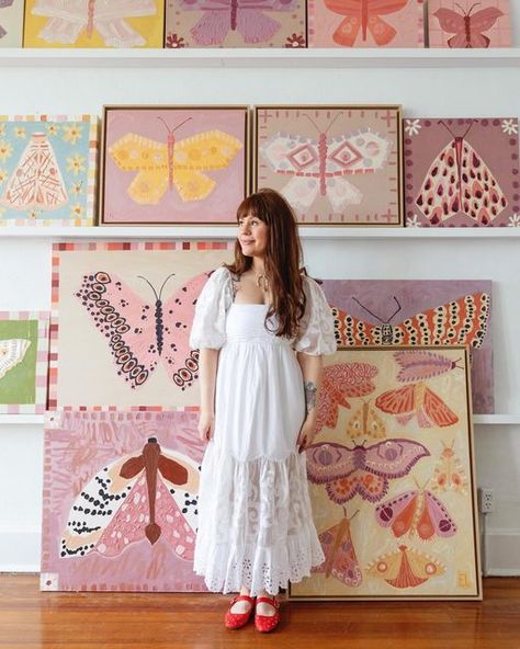 Liz Lidgett Gallery + Design on Instagram: "As she put it, @elsielarson is in her art era. And we’re so excited to be apart of it. Elsie Larson is now a represented artist at the gallery! Her collection of beautiful, playful moths will be debuted in our next group show opening April 19. Join presale for first dibs in our stories!" Art Room Inspiration, Elsie Larson, Art Eras, Gallery Design, April 19, The Gallery, Art Room, So Excited, Room Inspiration