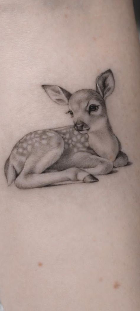 Simple Fawn Tattoo, Deer Fawn Tattoo, Doe Deer Tattoo, Fawn Tattoos For Women, Vintage Deer Tattoo, Doe Deer Tattoos For Women, Two Deer Tattoo, Fawn Tattoo Design, Deer And Moon Tattoo