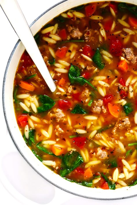 Beef Orzo Soup, Italian Sausage And Orzo, Orzo Sausage, Sausage And Orzo, Beef Orzo, Pasta Orzo, Soup With Spinach, Orzo Soup Recipes, Sausage Dinner