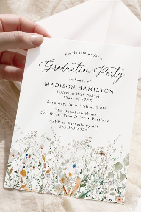 Elegant Dainty Wildflowers Graduation Party Invitation! #graduationinvitations #classof2024 #graduationparty #celebrategraduation #graduationannouncement #elegant #floral #wildflower Wildflower Graduation Party, Grad Party Decorations, Graduation Party Invitation, High School Classes, Graduation Ideas, Graduation Party Invitations, Graduation Announcements, Senior Pics, Grad Party