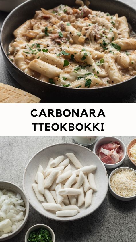 Creamy, cheesy sauce. Chewy, squishy Korean rice cakes. Carbonara Tteokbokki is the non-spicy Korean Rice Cake dish that's good as a snack, appetizer, or main meal! Cheesy Rice Cakes, Asian Rice Cake Recipes, Rice Cake Noodle Recipes, Recipes Using Korean Rice Cakes, Tteokbokki Recipes, Teokkboki Recipes, Creamy Tteokbokki, Teokkboki Rice Cake Recipes, Korean Rice Cake Meals