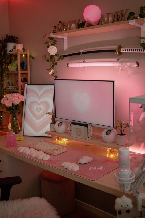 Pink Gaming Setup, Pink Wonderland, Aesthetic Game, Game Setup, Gaming Space, Gamer Setup, Blue Desk, Pink Paradise, Desk Inspiration