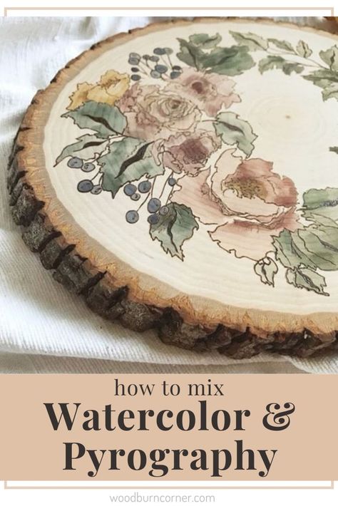 How To Add Color To Wood Burning, How To Paint Wood Burning Projects, Best Wood For Wood Burning, Wood Burning Watercolor, Painting Wood Burning Projects, Wood Burning With Color, Watercolor On Wood How To, Wood Burning And Paint, Painted Wood Burning Art