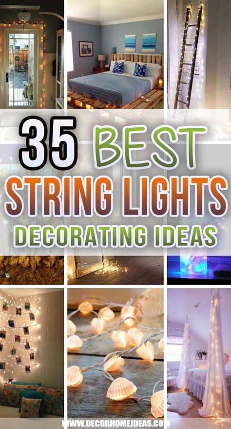 Best String Lights Decorating Ideas Hanging String Lights In Bedroom, Decorative Lights Ideas, Decorate With Lights Indoors, White Light Decorating Ideas, Patio Lights Indoors Living Rooms, Fairy Lighting Ideas, String Lights Bedroom Adult, String Lights In Dining Room, Tiny Lights Decoration