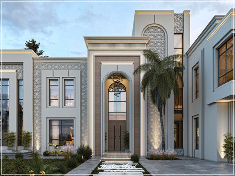 Classic Villa Landscape Design, Neo Classical Elevation, Neo Classic Villa Exterior, Entree Villa, Modern Classical Architecture, Neo Classic Villa, Classic Villa Exterior, Modern Villa Exterior, New Classic Villa