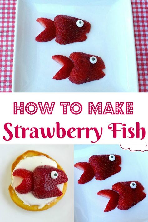 Strawberry Animals Snack, Fish Themed Appetizers, Animal Shaped Snacks, Healthy Ocean Themed Snacks, Fish Shaped Charcuterie Board, Fruit Sea Animals, Fish Snacks For Kids, Fish Shaped Food, Ocean Snacks For Kids