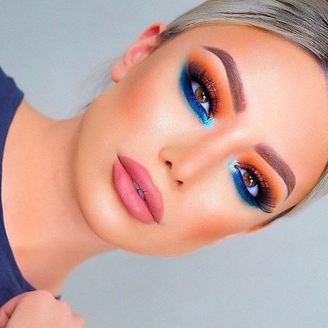 #royalblueandpeachymakeup #makeup #cobaltbluemakeup #orangemakeup #summermakeup #boldmakeup #vibrantmakeup #makeuptrends #bluemakeup #summermakeup Lips Ideas, Fresh Wedding Makeup, Teknik Makeup, Makeup Cantik, Festival Make Up, Maquillage On Fleek, Eyebrow Styles, Vibrant Makeup, Orange Eyeshadow