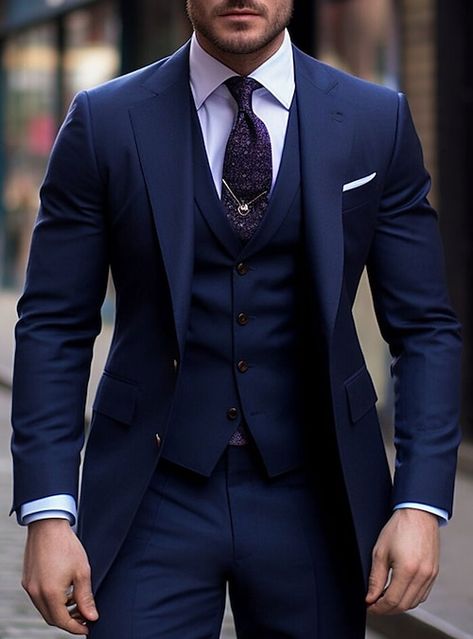 Mens Dress Suits Ideas, Three Piece Suit Mens Navy Blue, Dark Navy Blue Wedding Suit, Mens Blue Tux Wedding, Grooms Navy Blue Suit Wedding, Men’s Blue Suits, Blue Three Piece Suit Men, Men’s Wedding Tux Styles, Navy Blue Tux Wedding