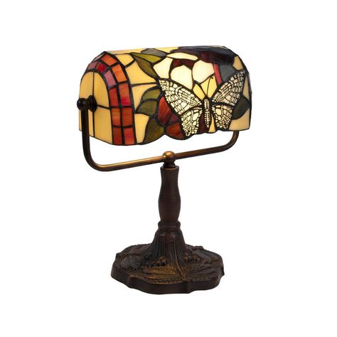 This Stained-Glass Butterfly Bankers LED Lamp from Hastings Home adds warm ambient light on a side table, desk, nightstand, end table, piano, or in an entryway. Designed with a 96-piece handcrafted stained glass shade featuring a butterfly and blooming flowers, a decorative brown metal base with dragonflies stamped into it, a swivel arm to adjust the angle of the light and a rotary on/off switch located on the cord, this lamp will complement almost any style of transitional decor. The lamp comes Moody House, Butterfly Lamp, Record Room, Piano Lamps, Victorian Lamps, Desk Lamp Office, Bankers Lamp, Tiffany Style Lamp, Stained Glass Butterfly