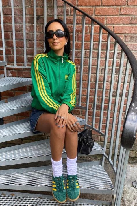 Adidas Samba Green Yellow, Green And Yellow Samba, Colored Adidas Outfit, Green And Yellow Adidas, Track Top Outfits, Adidas Spezial Green And Yellow, Womens Denim Jacket Outfit, Adidas Track Top Outfit, Green Adidas Jacket Outfit