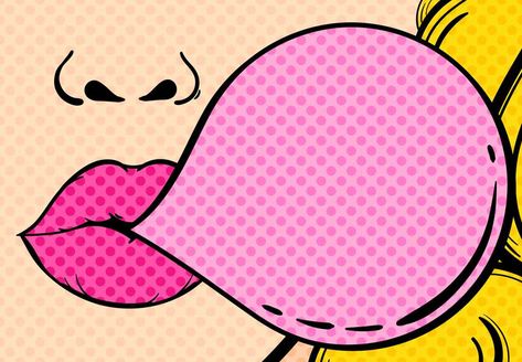 Pink Lips, Bubble Gum Illustration, Gum Illustration, Gum Bubble, Avenger Artwork, Pop Art Illustration, Pop Art Painting, Illustration Print, Bubble Gum