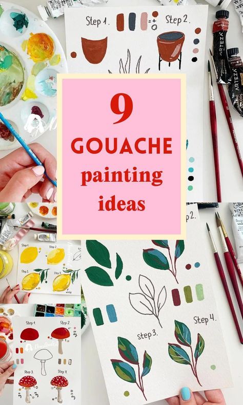 Beginner Gouache Painting Ideas, Gouache Mixing Chart, Painting With Gauche, Gouache Paint Tutorial, Basic Gouache Painting, Painting Practice Ideas, Guache Paintings Easy Tutorial, Gouache Painting Tutorials, Gouache Painting Tutorial Step By Step