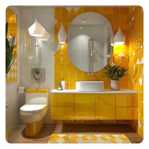 This vibrant yellow bathroom radiates warmth and energy!  #yellowbathroom #brightinteriors #homedecor #inspiredesign Pop Art Kitchen Ideas, Contemporary Bathroom Ideas, Pop Art Bathroom, Mcm Bathroom, Vibrant Bathroom, Bathroom Cupboards, Bathroom Window Treatments, Modern Bathroom Tile, Yellow Bathroom