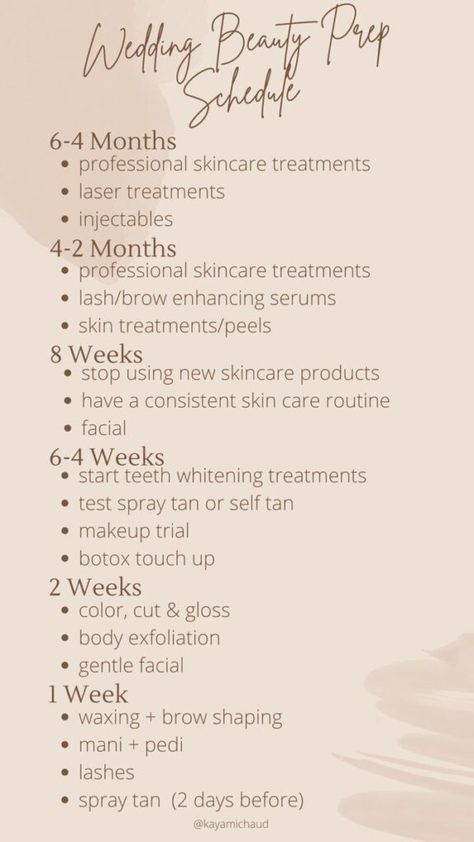 Wedding Beauty Prep Schedule Wedding Glow Up Plan, Day Of Wedding Tips, Wedding Self Care Checklist, Wedding Invite Checklist, Inside Wedding Ideas Decoration, Wedding Skin Prep Timeline, Must Haves Wedding Day, Skin Prep For Wedding, Wedding Wellness Plan