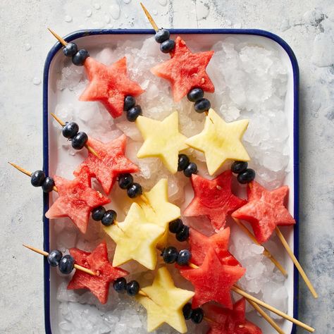 Star Shaped Fruit Skewers, Star Shaped Fruit Platter, Space Themed Fruit Tray, Star Shaped Food, Star Shaped Desserts, Watch Party Snacks, Whole30 Desserts, Red White And Blue Fruit, Whole 30 Dessert