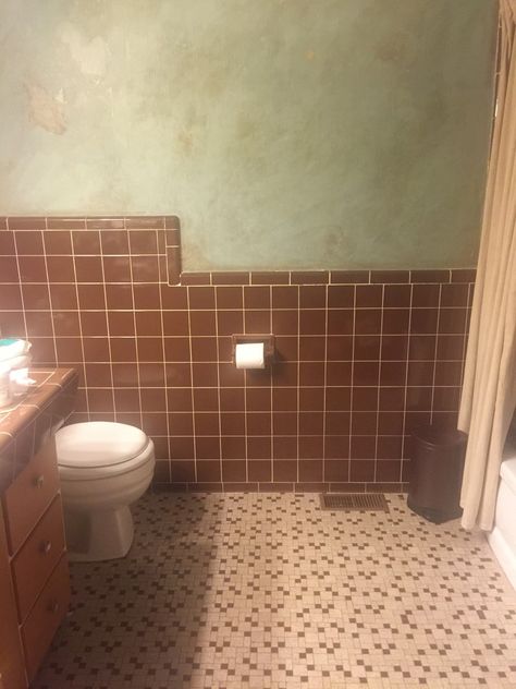 begging for color ideas for brown retro tile in bathroom! Brown Wall Tile Bathroom, 80s Tile Bathroom, Brown Subway Tile Bathroom, Vintage Beige Tile Bathroom, Vintage Brown Tile Bathroom, Vintage Brown Bathroom, Bathroom With Brown Floor, Brown Tiled Bathrooms, Warm Tone Bathroom Ideas