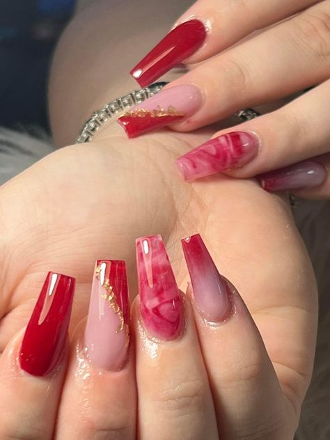 Red nail design Red Acrylic Nails Coffin With Gems, Cute Red Acrylic Nails Designs, Red Acrylic Birthday Nails, Nails For Red Hoco Dress, Red Spring Nails Acrylic, Coffin Red Nails Design, Red Nails For Birthday, Red Birthday Nail Designs, Red Nails For Hoco