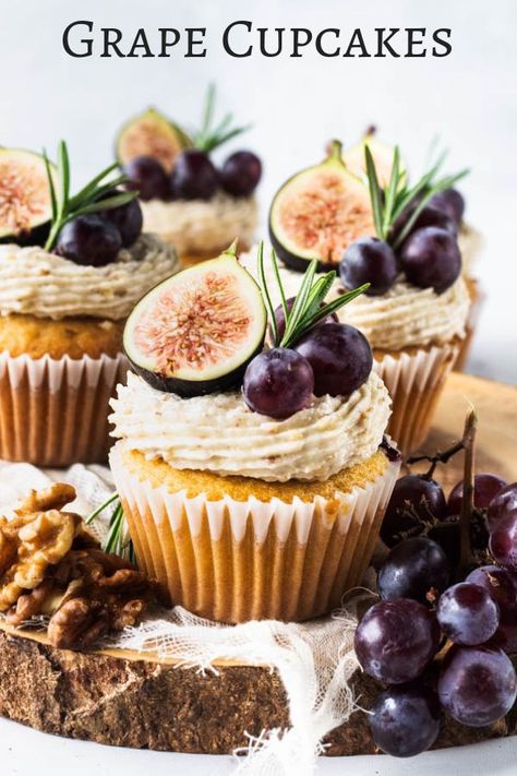 Grape cupcakes filled with grape jam and frosted with walnut buttercream #grape #grapedesserts #grapejam #grapecupcakes #walnutbuttercream #figs #walnuts Grape Cupcakes, Cupcakes Filled, Buttercream Decorating, Grape Jam, Sweet Foods, Vegan Cupcakes, Easy Cupcakes, Yummy Cupcakes, Yummy Food Dessert