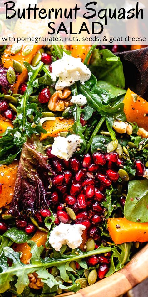 Salad With Butternut Squash Goat Cheese, Fall Salad Pomegranate Seeds, Salad Pomegranate Seeds Goat Cheese, Pomegranate Spinach Salad Recipes, Fall Salads With Pomegranate, Pomegranate Walnut Salad, Butternut Squash Goat Cheese Salad, Roasted Butternut Salad Recipes, Thanksgiving Salad With Pomegranate