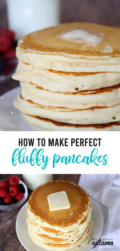 Fluffy Pancake Recipe, Pancakes From Scratch, Perfect Pancakes, Homemade Pancakes, Pancakes Easy, Fluffy Pancakes, Deilig Mat, Super Easy Recipes, Pantry Staples