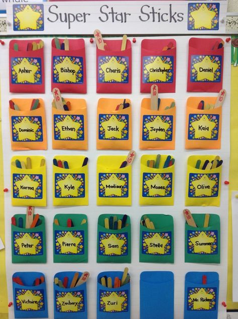 The Ricker Report: Super Star Sticks Reward Chart For Kindergarten, Reward Wall Classroom, Behaviour Chart For Kindergarten, Popsicle Stick Behavior System, Class Toppers Chart Ideas, Reward Chart Ideas For Classroom, Popsicle Stick Reward System, Reward Board For Kids, Reward Board Classroom