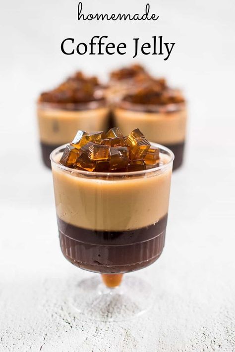 Iced Coffee Jelly, Coffee Jelly And Cream, Jelly In Cup, Mini Coffee Desserts, Coffee Garnish Ideas, Black Dessert Ideas, Coffee Jelly In A Bottle, Mini Cup Desserts For Parties, Japanese Jelly Coffee