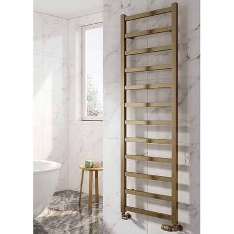 Reina Fano Bronze Satin Aluminium Heated Ladder Towel Radiator | Drench Loft Shower Room, Vertical Bathroom, Moroccan Bathroom, Bathroom Mood Board, Electric Towel Rail, Bathroom Towel Rails, New Bathroom Ideas, Vertical Radiators, Loft Bathroom