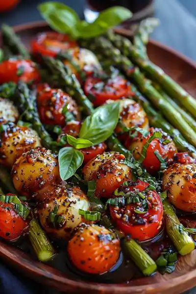 Caprese Roasted Asparagus Caprese Asparagus Recipes, Caprese Roasted Asparagus, Asparagus And Tomato Recipes Baked, Compari Tomatoes Recipes, Asparagus Recipes Sauteed, Caprese Asparagus, Spring Meals Dinners, Roasted Asparagus Recipes, Asparagus And Tomatoes