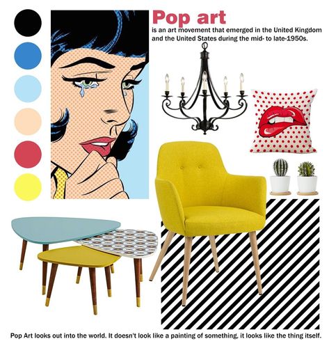 Pop Art Style Interior Design, Popart Color Pallete, Comic Interior Design, Pop Art Furniture Interior Design, Pop Art Room Design, Pop Art Color Scheme, Pop Art Office Interior Design, Modern Pop Art Living Room, Pop Art Mood Board