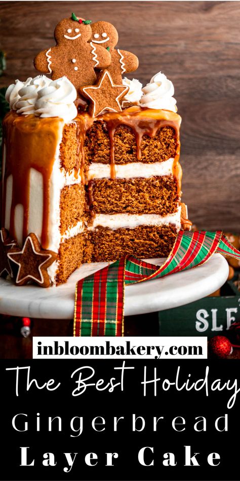 Soft and fluffy gingerbread layer cake full of warm Christmas spices, frosted with smooth white chocolate cream cheese frosting and finished with a caramel drip. Best Xmas Cake Recipe, Gingerbread Cake Christmas, Tomte Gingerbread Cake, Double Layer Cake Recipes, Gingerbread Cake From Box Cake, Gingerbread Cake With Cinnamon Frosting, Gingerbread Carrot Cake, Caramel Gingerbread Cake, Gingerbread Molasses Cake