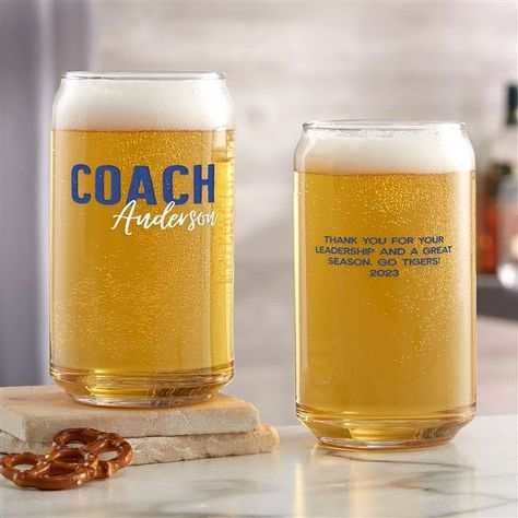 * Custom printed with any name on the front and message on the back * Choose from multiple color combinations  * Beer Can Glass designed to replicate a beer can, holds 16oz. * Minor air bubbles and subtle markings may be apparent and are expected withglass products * Measures 5 1/4H * Hand wash only * Made in USA Celebrate and congratulate your coach on a wonderful season with our Thanks Coach Personalized Beer Glasses. A wonderful way to show your coaches a heartfelt appreciation at the last ga Personalized Beer Glasses, Barbie Gifts, Pet Memorial Stones, Nfl Gifts, Personalized Wine Glasses, Dog Treat Jar, Personalized Beer, Grilling Gifts, Last Game