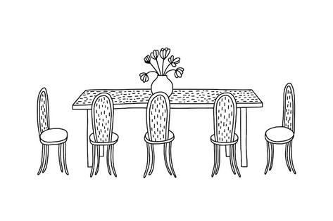 From The Dining Table Tattoo, Dinner Table Drawing, Kitchen Table Drawing, Dining Table Illustration, Dining Table Drawing, Dining Illustration, Table Doodle, Table Tattoo, Vector Furniture