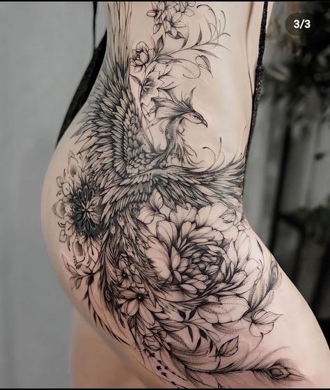 Inspirational Female Tattoos, Good Cover Up Tattoos Ideas Thigh, Huge Hip Tattoo, Pheonix Tattoo For Women Side Hip, Hip To Back Tattoos Women, Large Side Tattoos Women, Phoenix Hip Tattoo, Large Back Tattoos For Women, Feminine Hip Tattoos