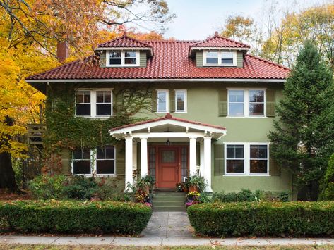 Charming #curbappeal looks from Newton, Massachusetts // #Boston #hgtvmagazine // http://www.hgtv.com/design/outdoor-design/landscaping-and-hardscaping/copy-the-curb-appeal-newton-massachusetts-pictures?soc=pinterest Orange Roof House Colors Exterior Design, Red Roof House, Paint Colors For House, Colors For House, Exterior Color Palette, House Paint Color Combination, Color Combinations Paint, Exterior House Paint Color Combinations, Exterior House Color