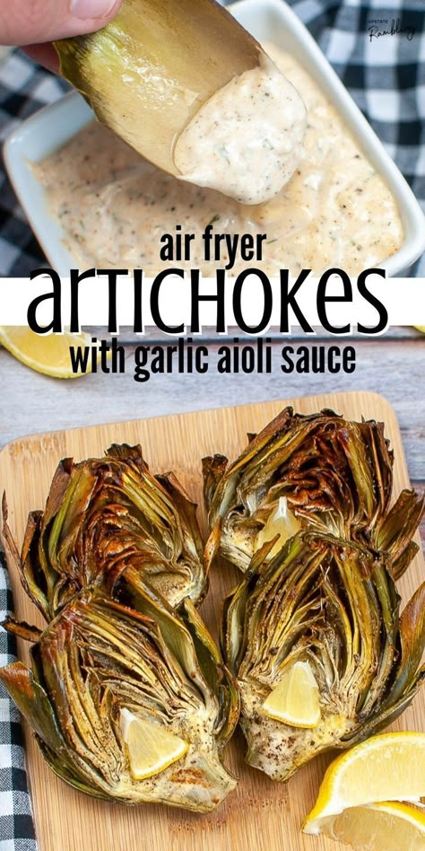 air fryer artichokes Roasted Artichoke Appetizer, Roasted Artichoke Dipping Sauce, Air Fry Artichoke Recipes, How To Bake Artichoke In Oven, Artichoke With Aioli, Artichokes Air Fryer, Quinoa In Air Fryer, Aoli Sauce For Artichoke, Artichoke Air Fryer Recipes