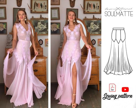 Digital skirt pattern, wide evening skirt pattern for beginners, instant download, Evening skirt pattern. Skirt with split, video tutorial Floor Length Skirt Pattern, V Waist Skirt, Layered Skirt Pattern, Skirt Sewing Tutorial, Long Skirt Pattern, Skirt With Split, Skirt Patterns, Fair Outfits, Evening Skirts