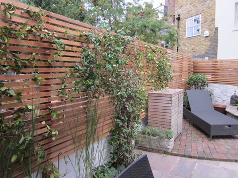 Revamp of a Battersea garden on a budget. I used new stone paving and baton fencing but retained the old bricks. Believe it or not the garden is a triangle shape. Baton Fence, Baton Fencing, Patio Materials, Pergola Garage Door, Panel Fence, Wood Fences, Stone Paving, Small Courtyard Gardens, Pergola Lighting