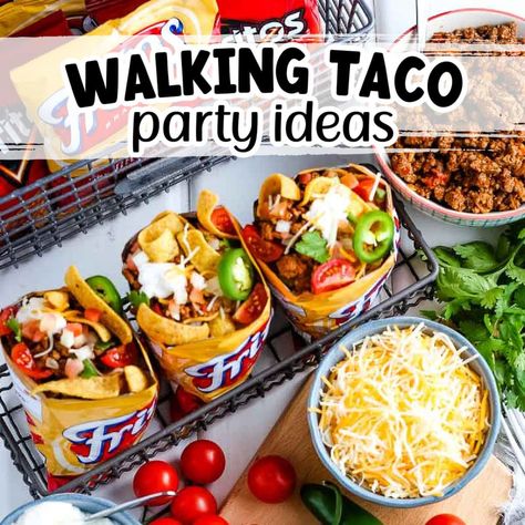 Tacos For Birthday Party, Walking Taco Board Ideas, How To Make Walking Tacos, Taco Tray Parties Food, Taco Bar For Christmas Party, Fiesta Theme Food Ideas, Walking Taco Board, Halloween Walking Taco Bar, Tacos For Party