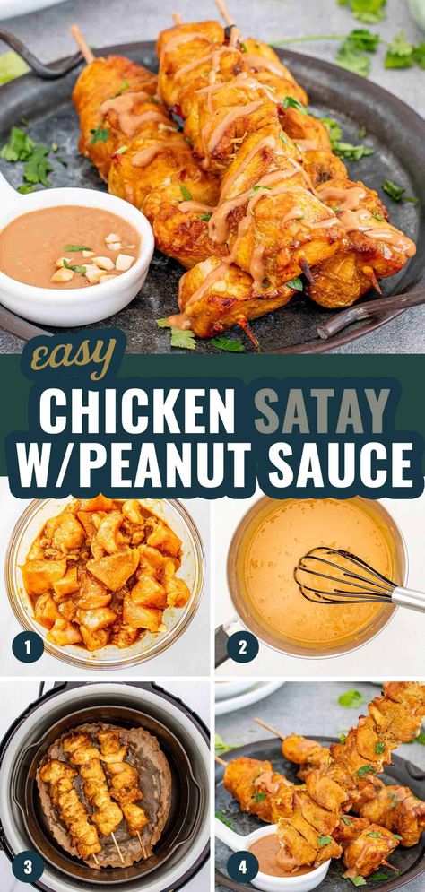 Whip up this easy and delicious Chicken Satay with Peanut Sauce for a quick, flavorful dinner! Perfect for weeknights or when you need a tasty meal without the fuss. #ChickenSatay #EasyRecipes Chicken Satay With Spicy Peanut Sauce, Sate Chicken, Easy Chicken Satay, Easy Thai Peanut Sauce, Amazing Dinners, Chicken Satay With Peanut Sauce, Balinese Food, Peanut Sauce Chicken, Chicken Satay Recipe