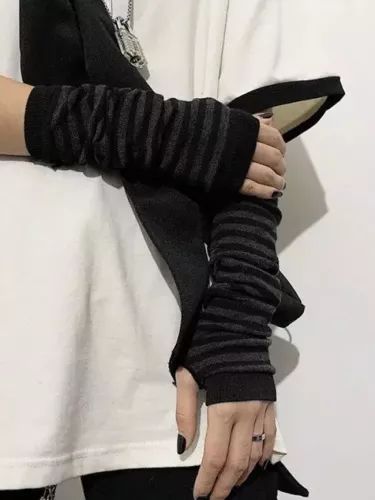 Striped Gloves, Long Fingerless Gloves, Estilo Harajuku, 일본 패션, Black Punks, Kawaii Cosplay, Fingerless Gloves Knitted, Style Japonais, Long Gloves