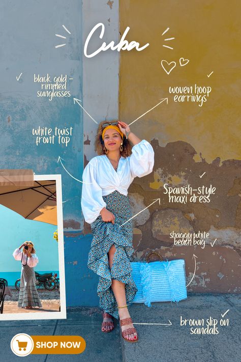 Looking for some outfit inspiration for Cuba? Want to know what colors, styles, fabrics to wear to fit into the gorgeous 1950's Spanish style scenery, and get the PERFECT picture? Click through to shop my style! #cuba #caribbean #caribbeanvacation #cubatraveltips #cubanstyle #curlyhair #curlyhairinspo Havana Outfit Ideas, Cuba Travel Outfit, Cuba Outfit Ideas, Cuba Outfits, Cuban Outfit, Cuba Outfit, Havana Style, Cuban Women, Havana Nights Party