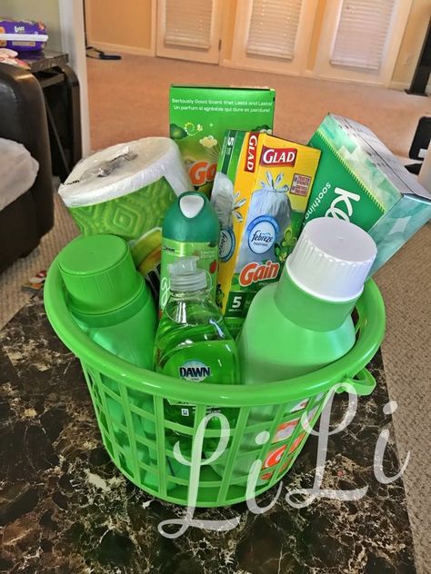 Laundry Gift Basket Ideas Colleges, Cleaning Products Gift Basket, Laundry Detergent Gift Basket Ideas, Green Basket For Color Party, Basket Raffel Ideas, Cleaning Basket Gift Ideas, Dollar Tree Raffle Basket Ideas, Color Basket Party Ideas For Adults, Laundry Basket Gift Ideas For Christmas