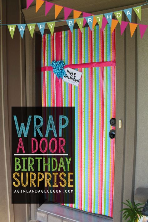 fun birthday surprise--wrap a door to look like a present! Decorate Door For Birthday, Decorate Office For Birthday, Work Birthday Decorations, Birthday Door Decorations, Office Birthday Decorations, Birthday Surprise Husband, Birthday Surprise For Mom, Birthday Surprise Kids, Birthday Surprise For Husband