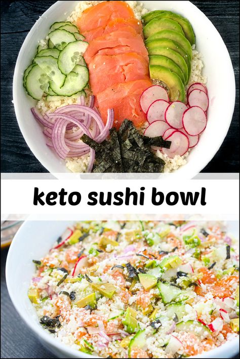 white bowl with keto california roll sushi bowl and text Bariatric Sushi Recipes, Keto Sushi Recipes, No Carb Sushi, Sushi Recipes No Rice, No Rice Sushi Rolls, Low Carb Japanese Recipes, Crunchy Roll Sushi Recipe, Tuna Keto Recipes, Keto Sushi Bake