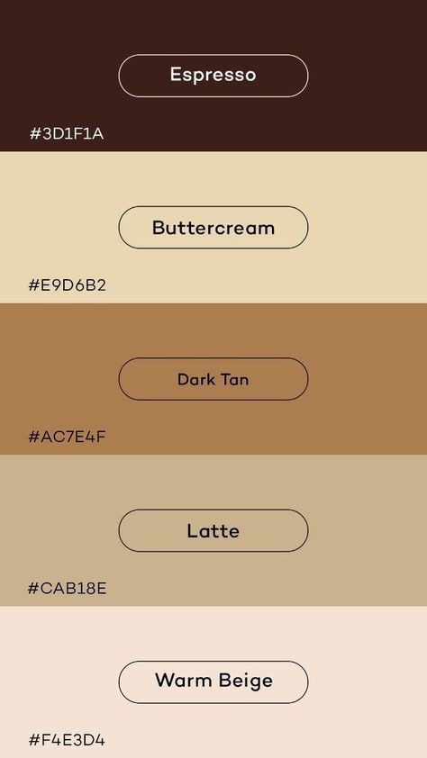 Canva Colour Codes, Espresso Buttercream, Unique Color Schemes, Warm Tone Colors, Procreate Palette, Beige Shades, Color Knowledge, Color Hex Codes, Powerpoint Tutorial